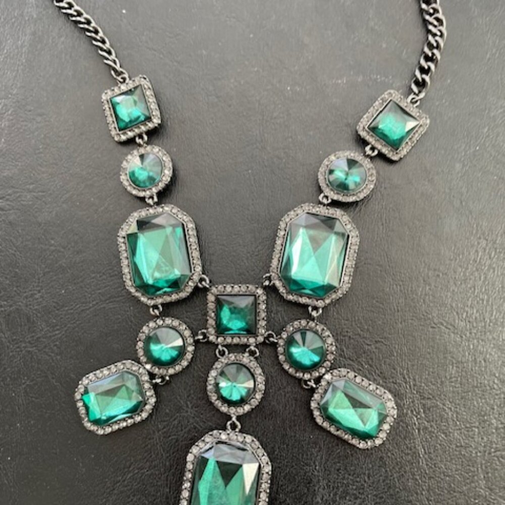 M Haskell necklace-Large green stones-Small clear stones-Darktone  metal